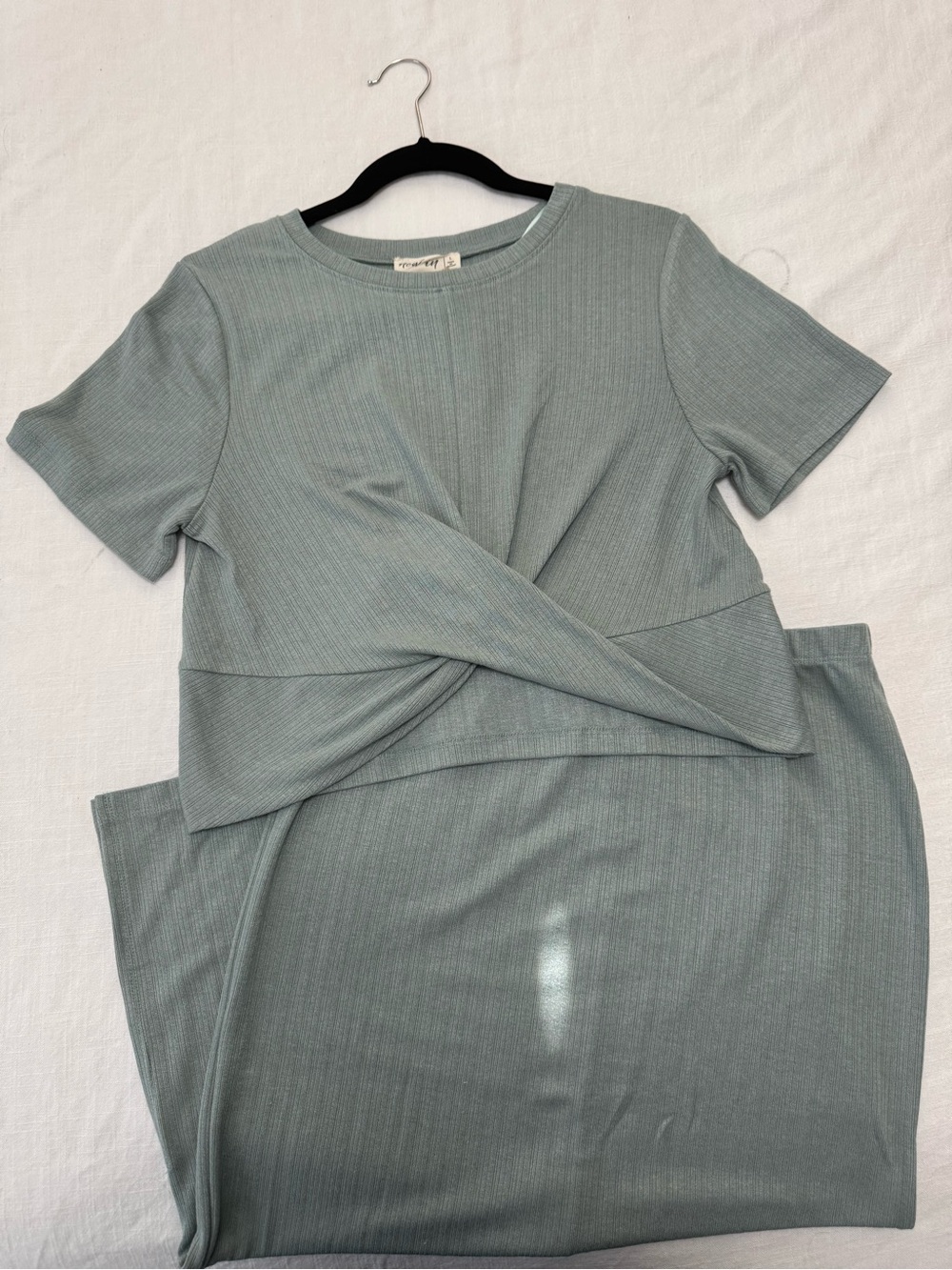 Twist-Front Short Sleeve Matching Top & Skirt - Sage Green